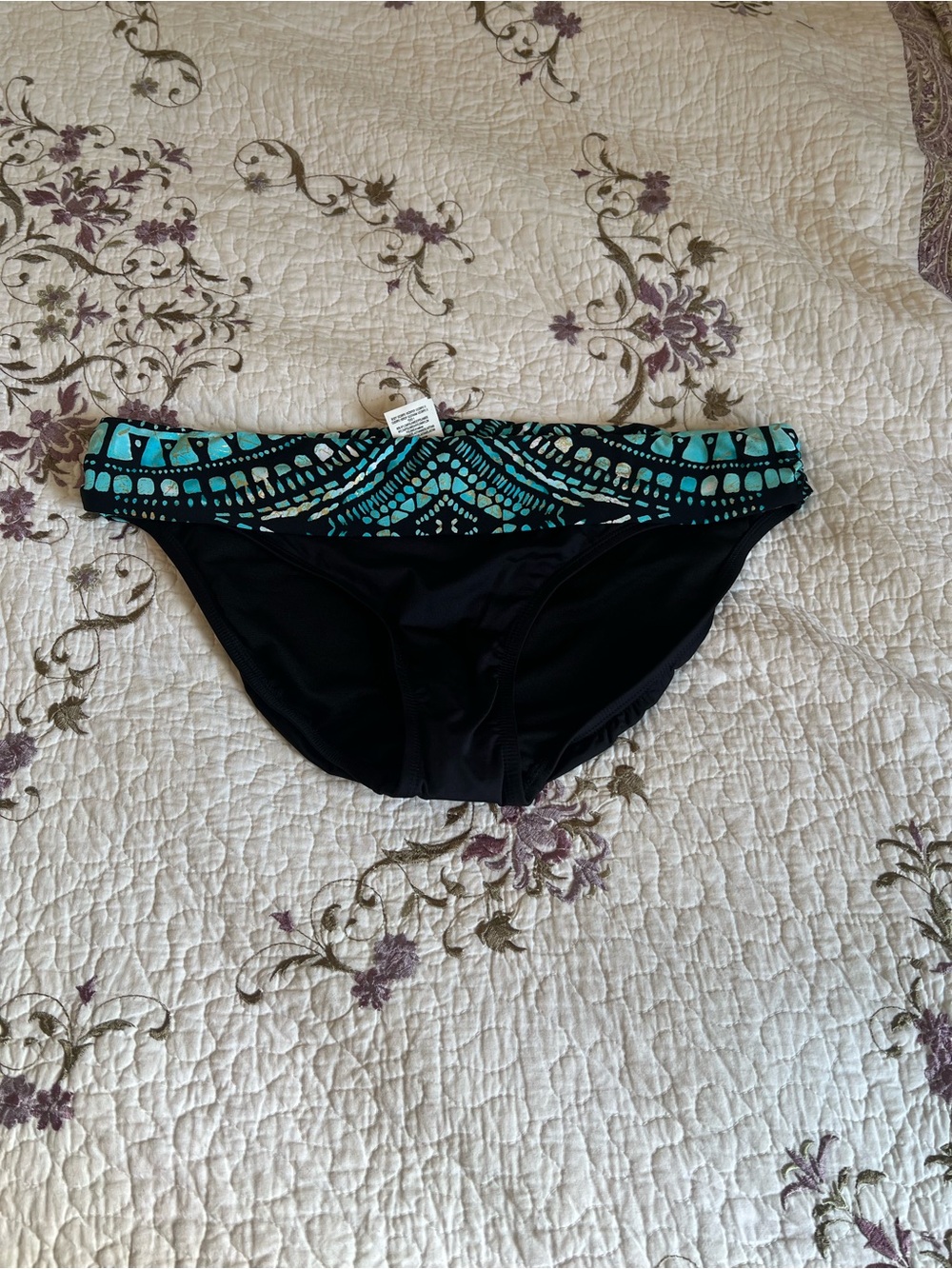 Kenneth Cole Black Aqua Tribal Print Metallic Fold Over Waist Bikini Bottom XL